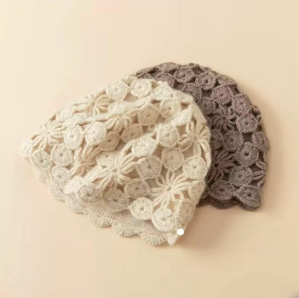 Ivory cream hand-knit cashmere-wool beanie with crochet lace design, warm winter cap by Lian Loungewear