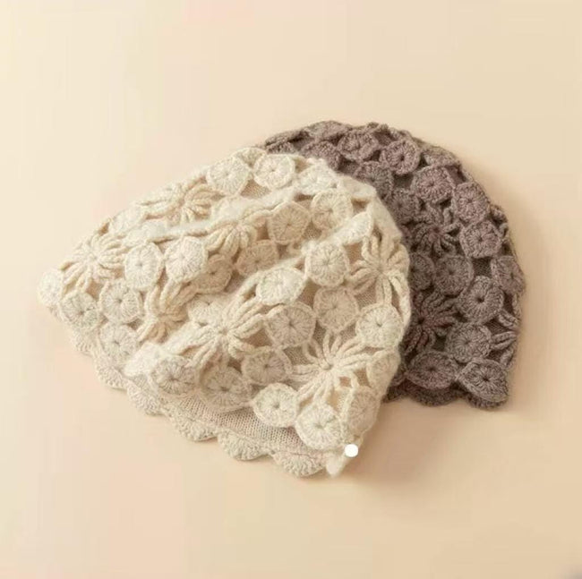 Ivory cream hand-knit cashmere-wool beanie with crochet lace design, warm winter cap by Lian Loungewear