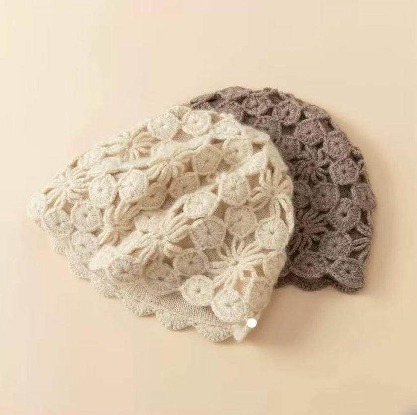 Ivory cream hand-knit cashmere-wool beanie with crochet lace design, warm winter cap by Lian Loungewear