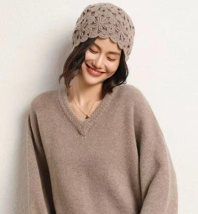 Ivory cream hand-knit cashmere-wool beanie with crochet lace pattern, warm winter cap by Lian Loungewear.