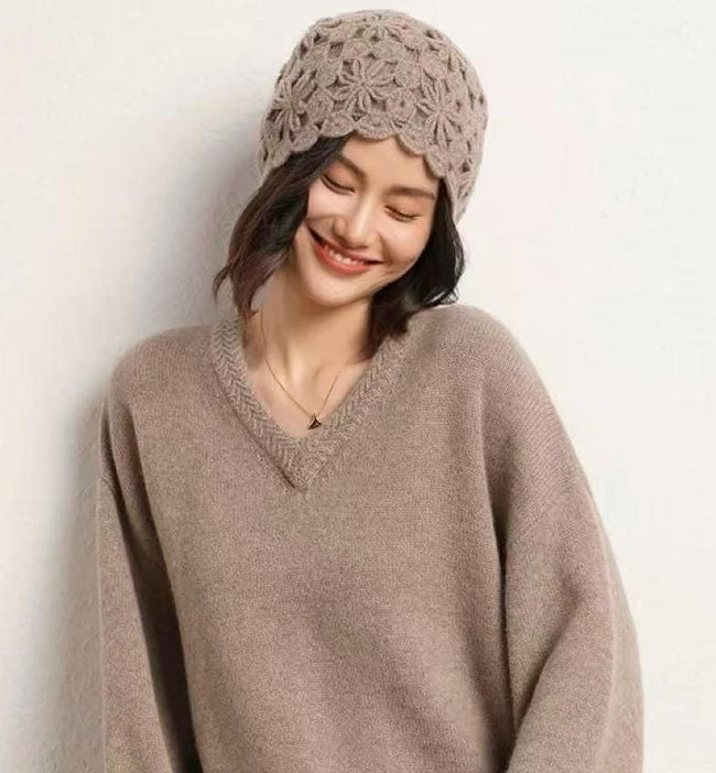Ivory cream hand-knit cashmere-wool beanie with crochet lace pattern, warm winter cap by Lian Loungewear.