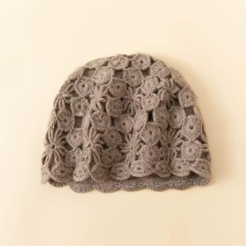 Ivory cream hand-knit cashmere-wool beanie with crochet lace design, warm winter cap by Lian Loungewear.