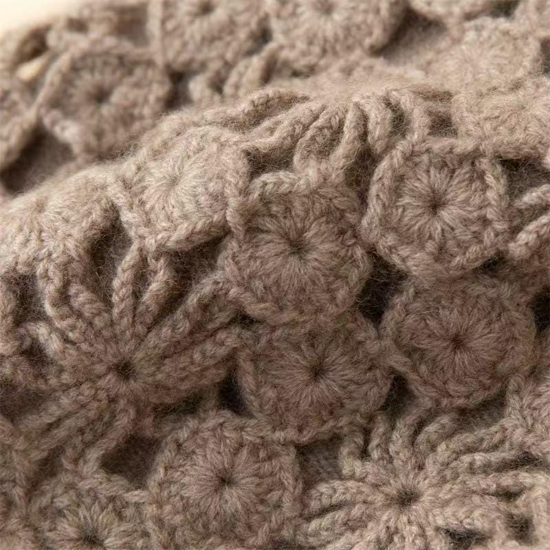 Ivory cream hand-knit cashmere-wool beanie with crochet lace details, warm winter cap by Lian Loungewear.