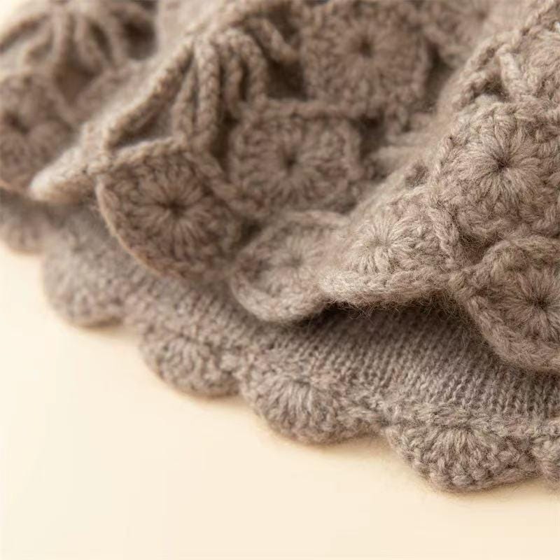 Ivory cream hand-knit cashmere-wool beanie with crochet lace, warm winter cap by Lian Loungewear, cozy and stylish headwear.