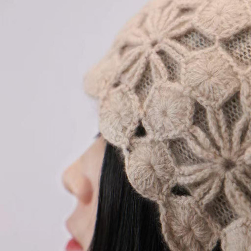 Ivory cream hand-knit cashmere-wool beanie with crochet lace, warm winter cap by Lian Loungewear.