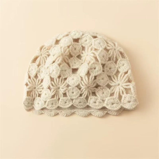 Ivory cream hand-knit cashmere-wool beanie with crochet lace detail, warm winter cap by Lian Loungewear.