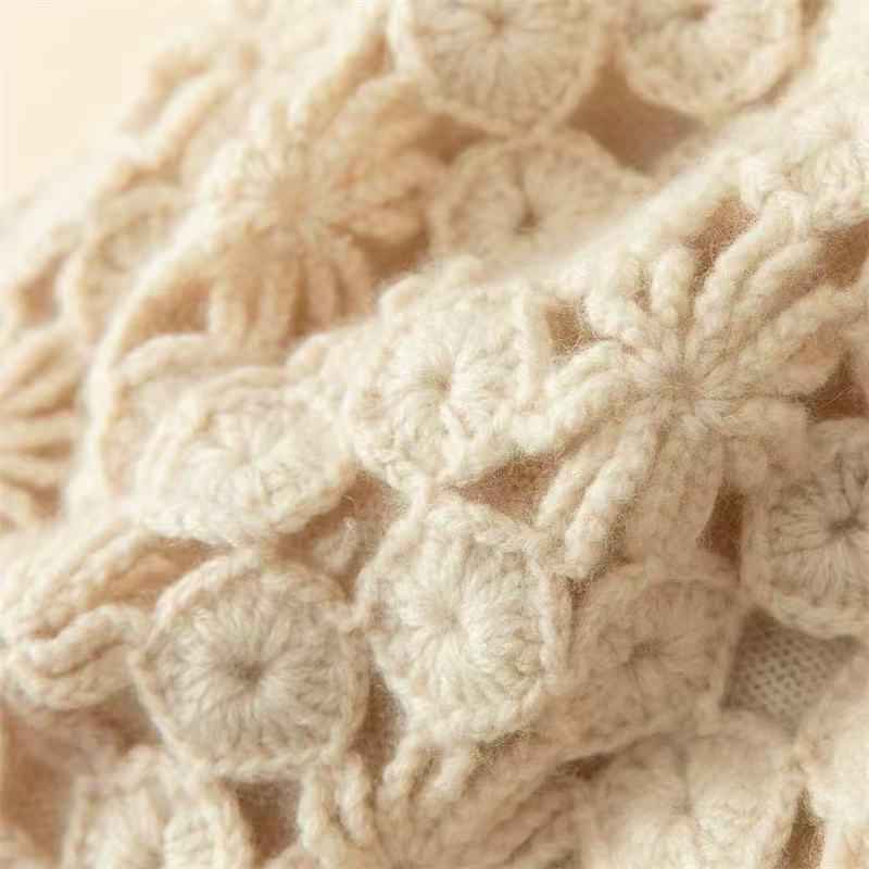 Ivory cream hand-knit cashmere-wool beanie with crochet lace design, warm winter cap by Lian Loungewear.