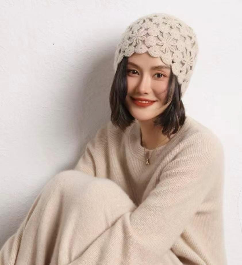 Ivory cream hand-knit cashmere-wool beanie with crochet lace design, warm winter cap by Lian Loungewear.