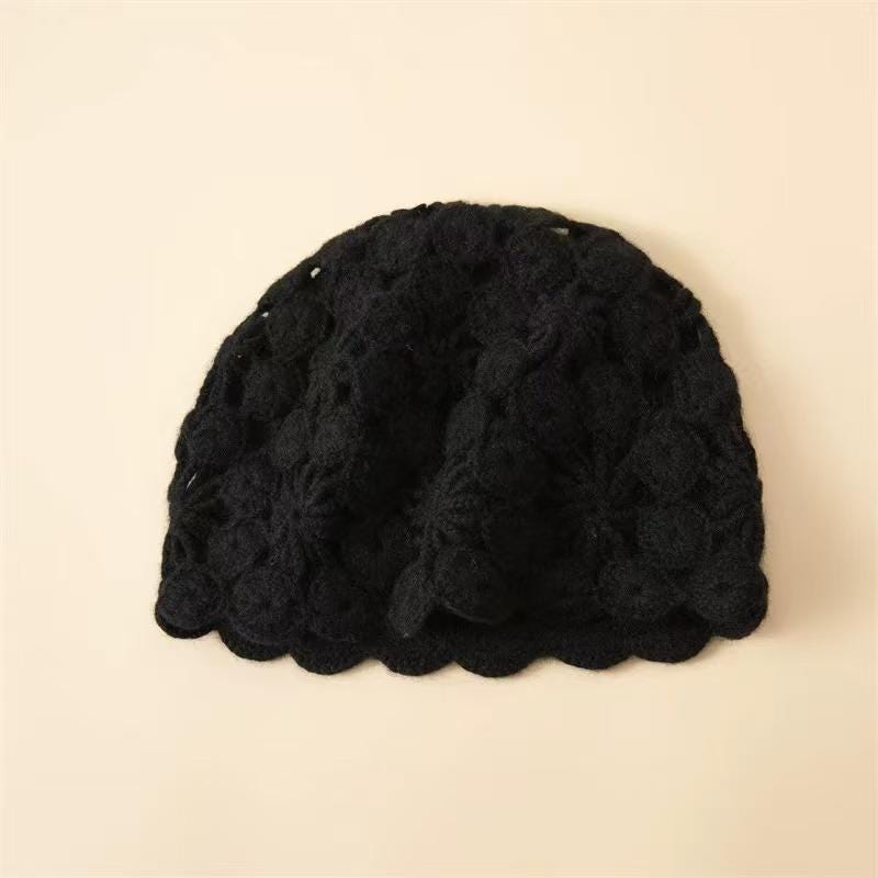 Ivory hand-knit cashmere-wool beanie with crochet lace, warm winter cap by Lian Loungewear, cozy and stylish for cold weather.