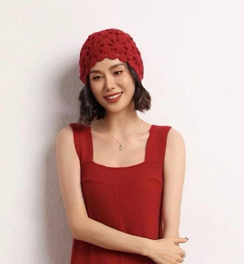 Ivory cream hand-knit cashmere-wool beanie with crochet lace pattern, warm winter cap by Lian Loungewear.