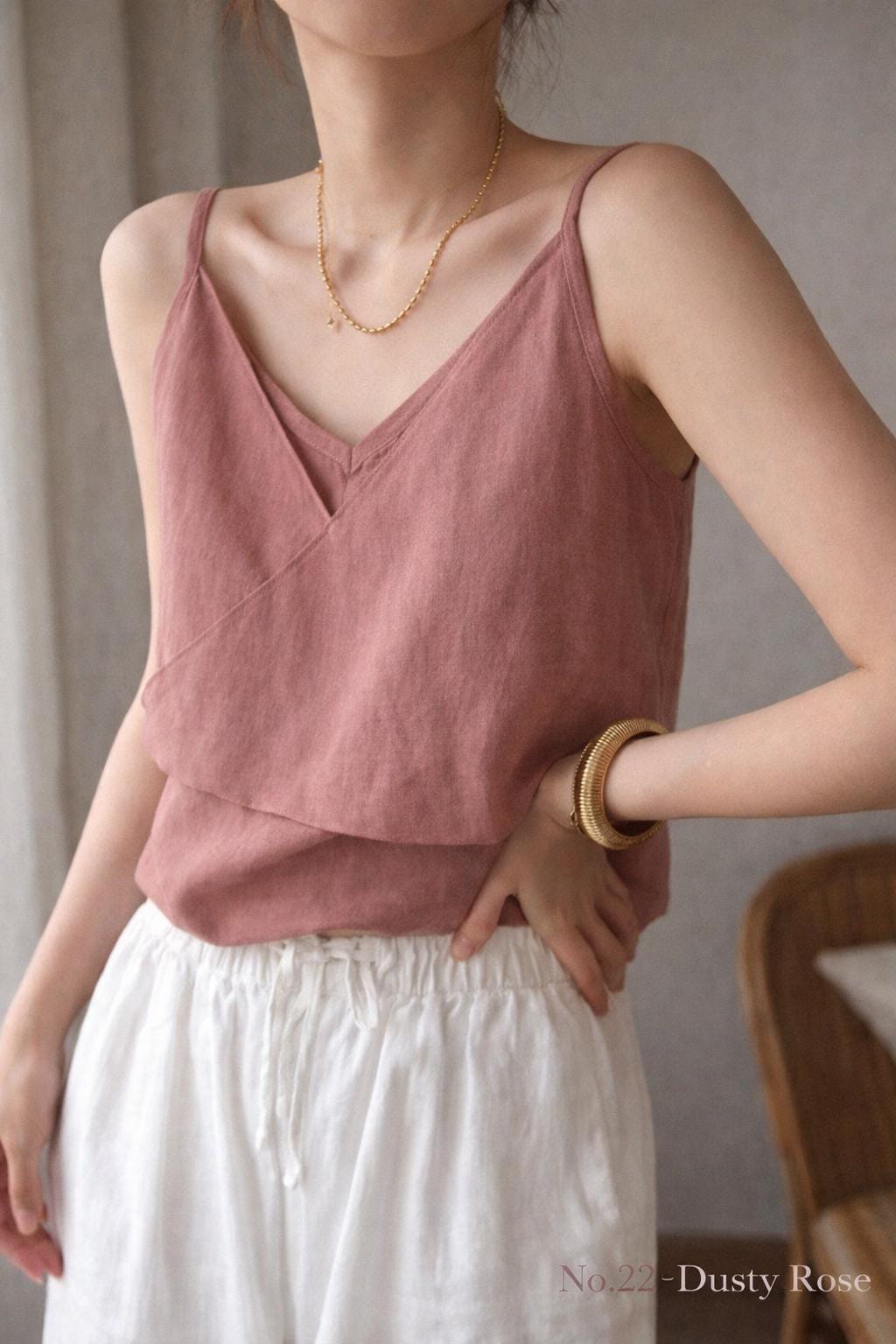Ivory white organic linen camisole top for women by Lian Loungewear, double-layer linen tank, lightweight and breathable.
