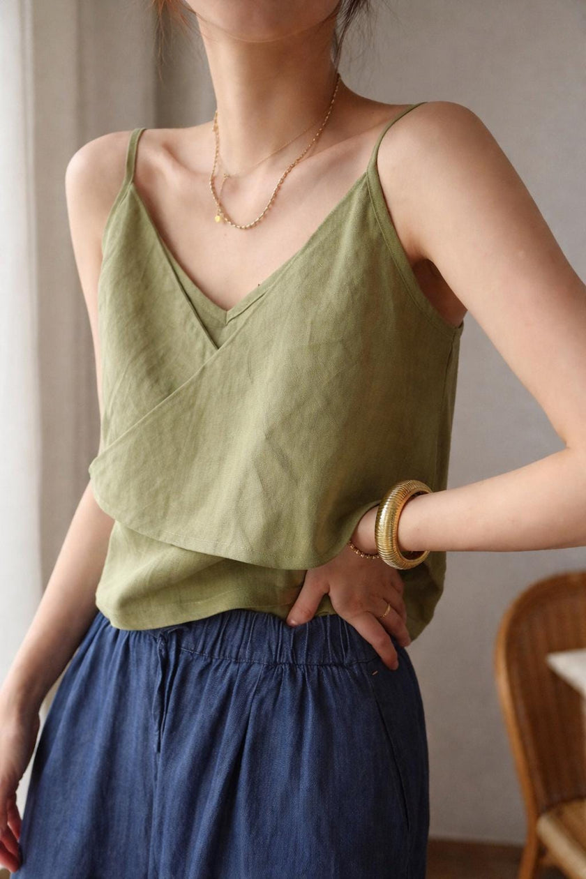 Organic linen camisole top for women by Lian Loungewear, ivory double-layer linen tank with a comfortable fit.