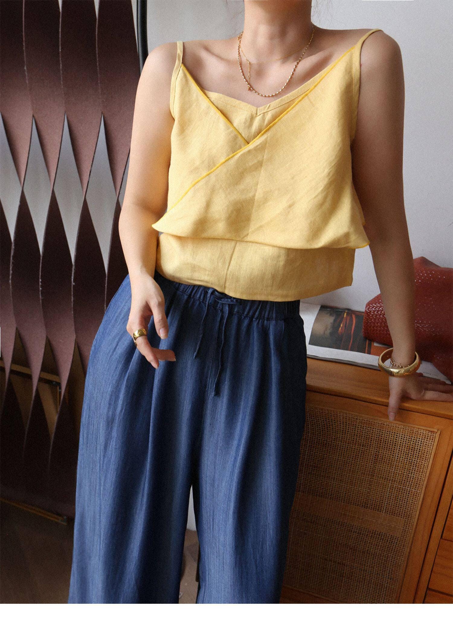 Organic linen camisole top for women by Lian Loungewear, double-layer ivory white linen tank top with comfortable fit.