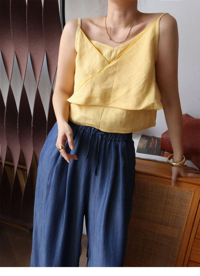 Organic linen camisole top for women by Lian Loungewear, double-layer ivory white linen tank top with comfortable fit.