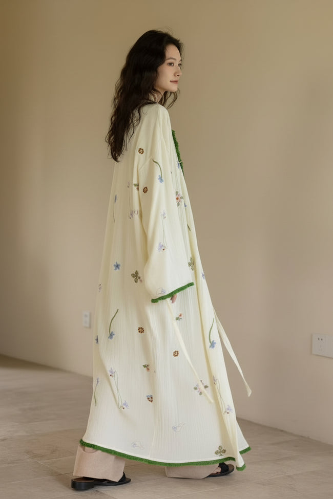 Embroidered gauze cotton robe in Japanese kimono style by Lian Loungewear, featuring intricate embroidery and lightweight fabric.