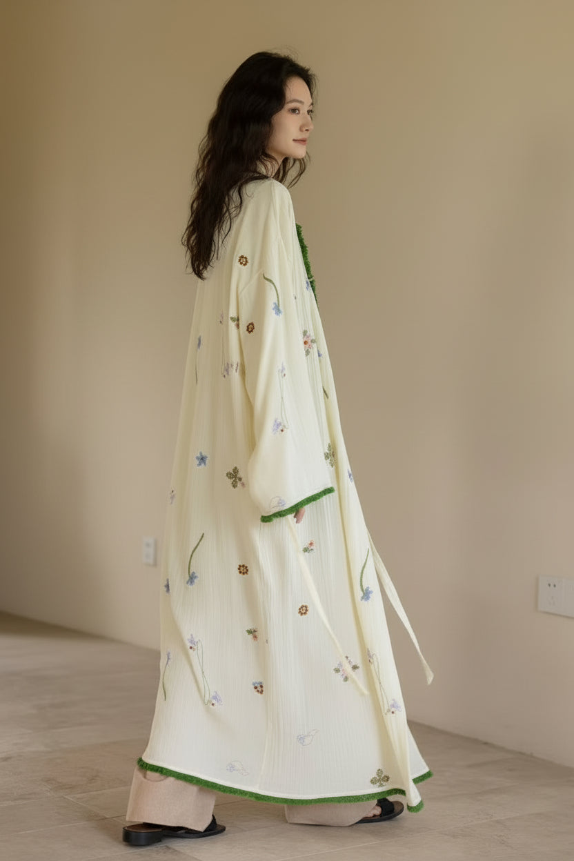 Embroidered gauze cotton robe in Japanese kimono style by Lian Loungewear, featuring intricate embroidery and lightweight fabric.
