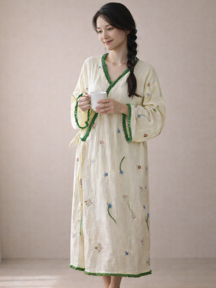 Embroidered gauze cotton robe in Japanese kimono style by Lian Loungewear, featuring intricate embroidery and a relaxed fit.
