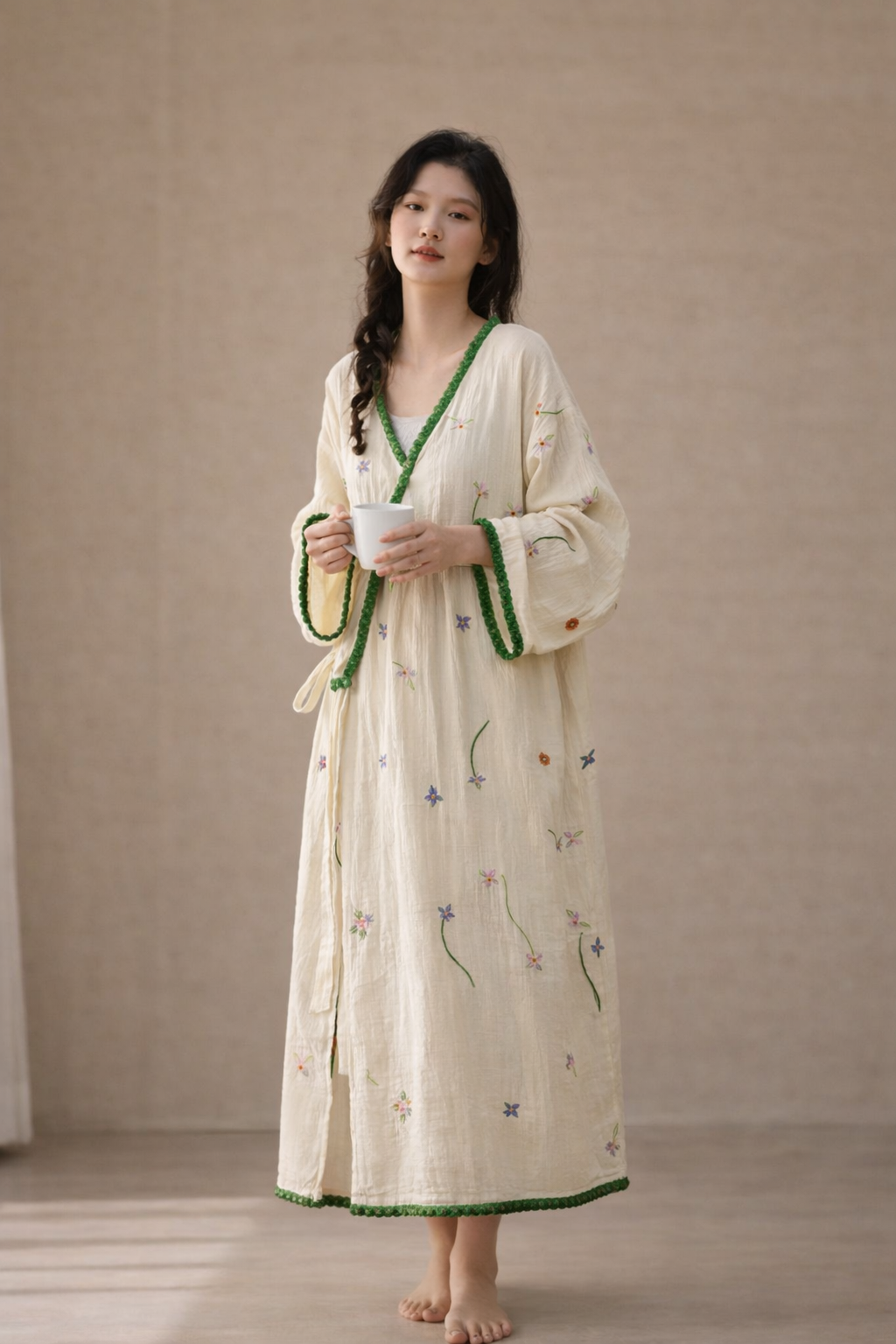 Embroidered gauze cotton robe in Japanese kimono style with intricate embroidery, from Lian Loungewear, 115cm length.