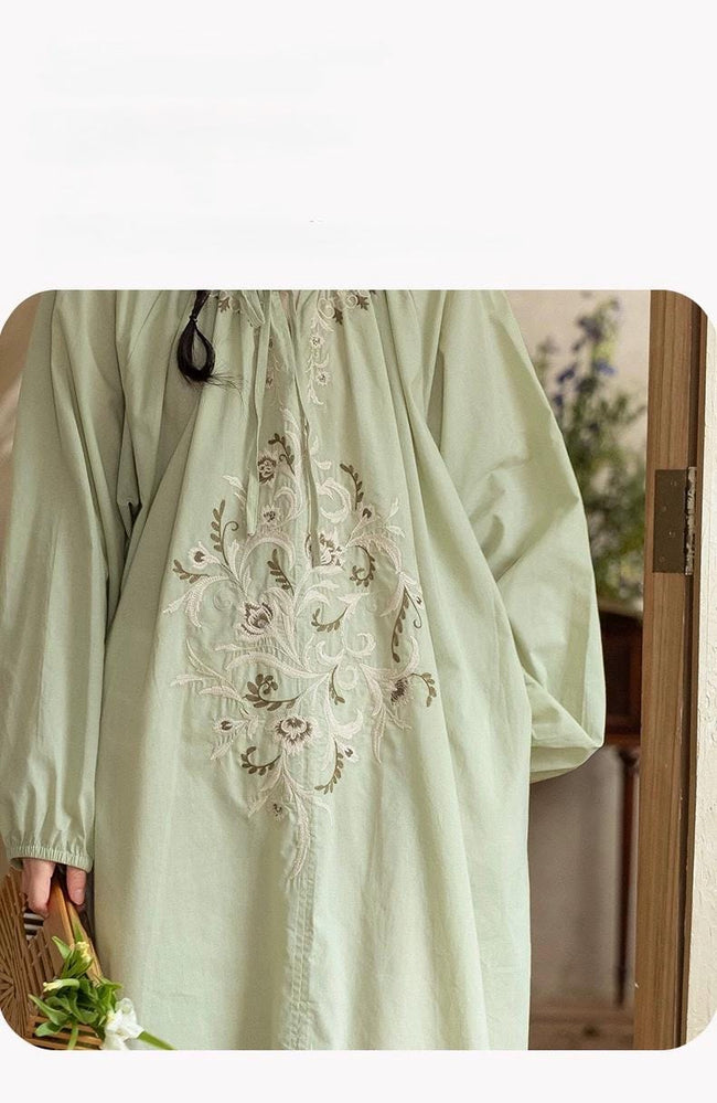 Lian Loungewear bamboo cotton embroidered pajama set with long pants and top, comfortable and stylish sleepwear for women.