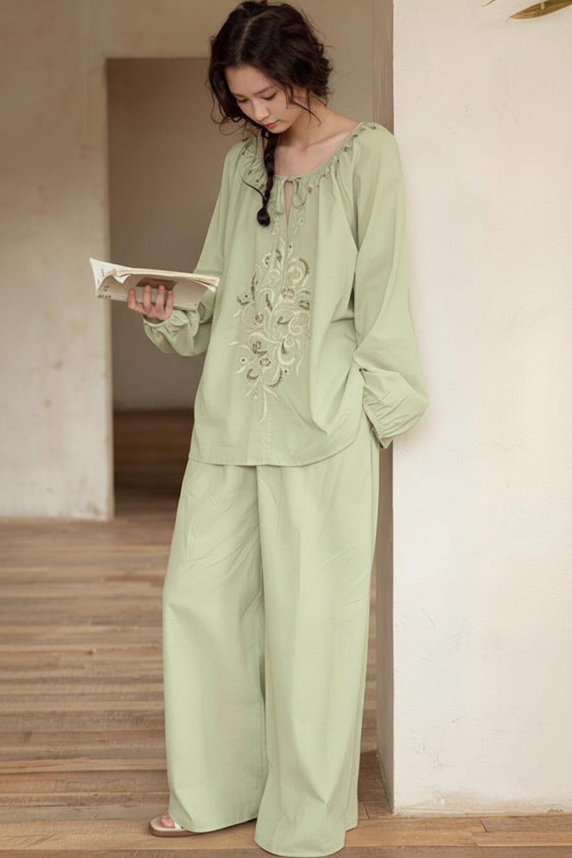 Lian Loungewear bamboo cotton embroidered pajama set with long pants and top, comfortable loungewear for relaxing at home.