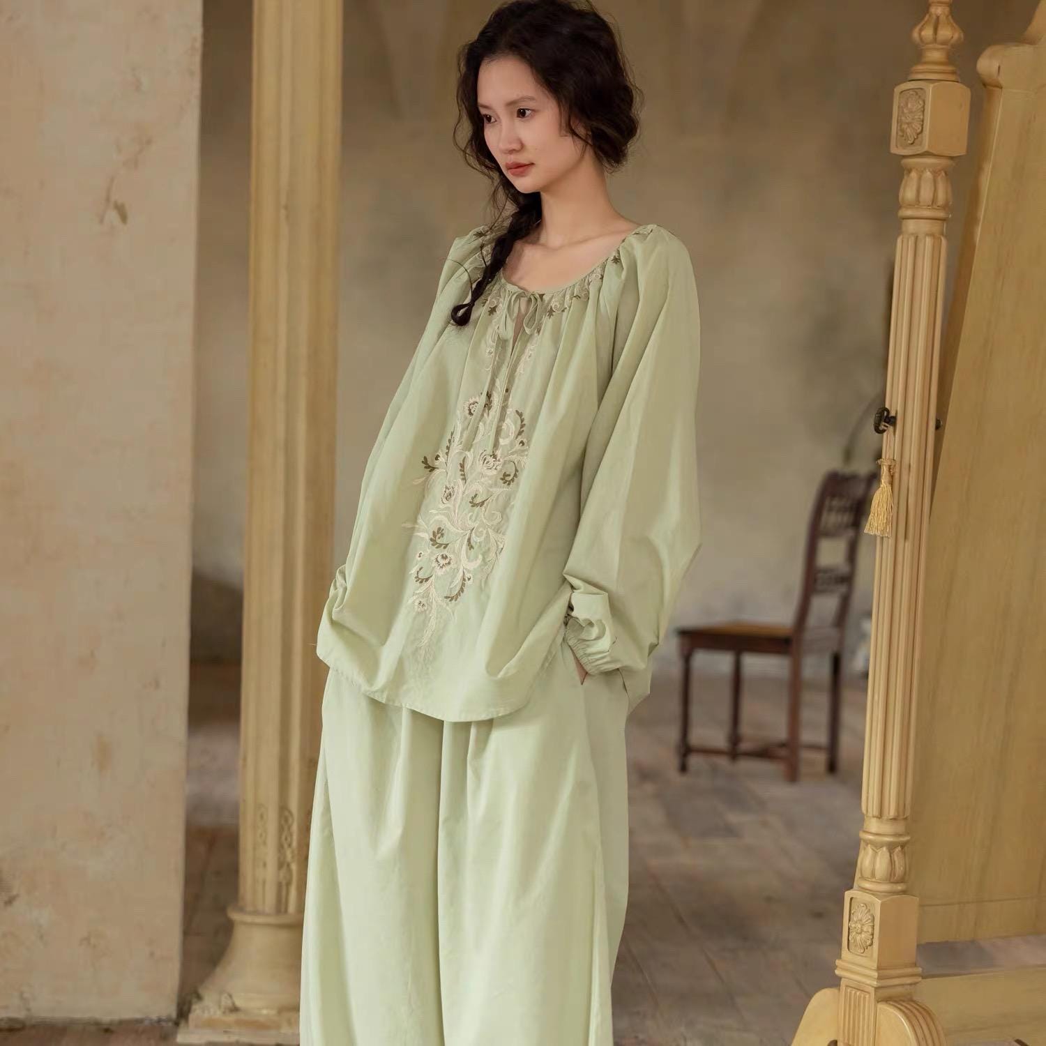 Lian Loungewear bamboo cotton embroidered pajama set featuring comfortable pants and top, ideal for relaxed sleepwear and loungewear.