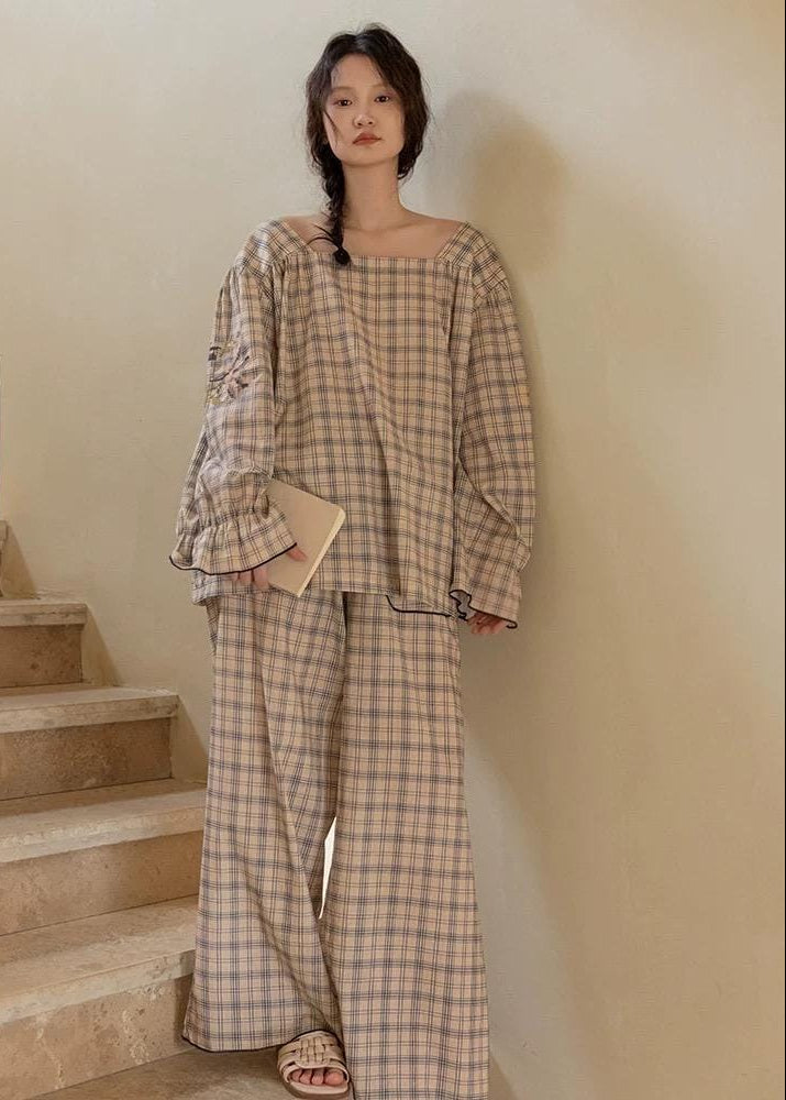 Lian Loungewear women's bamboo cotton pajama set with soft plaid pattern, comfortable loungewear for relaxing at home.