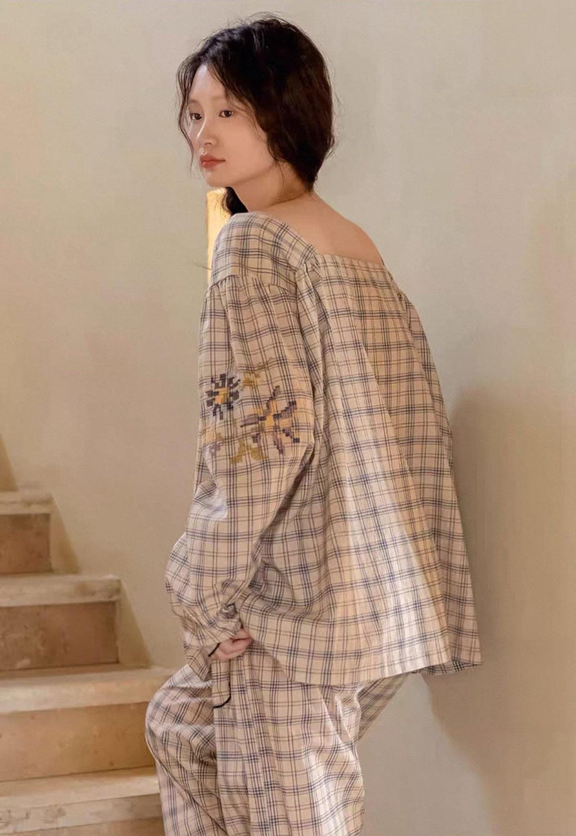 Lian Loungewear women's bamboo cotton pajama set with soft plaid pattern, comfortable loungewear for relaxing evenings.