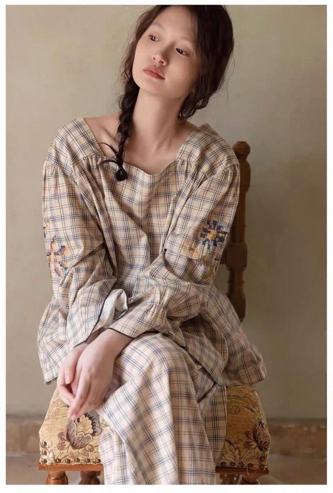 Lian Loungewear women's bamboo cotton pajama set with soft plaid pattern, comfortable loungewear for relaxing at home.