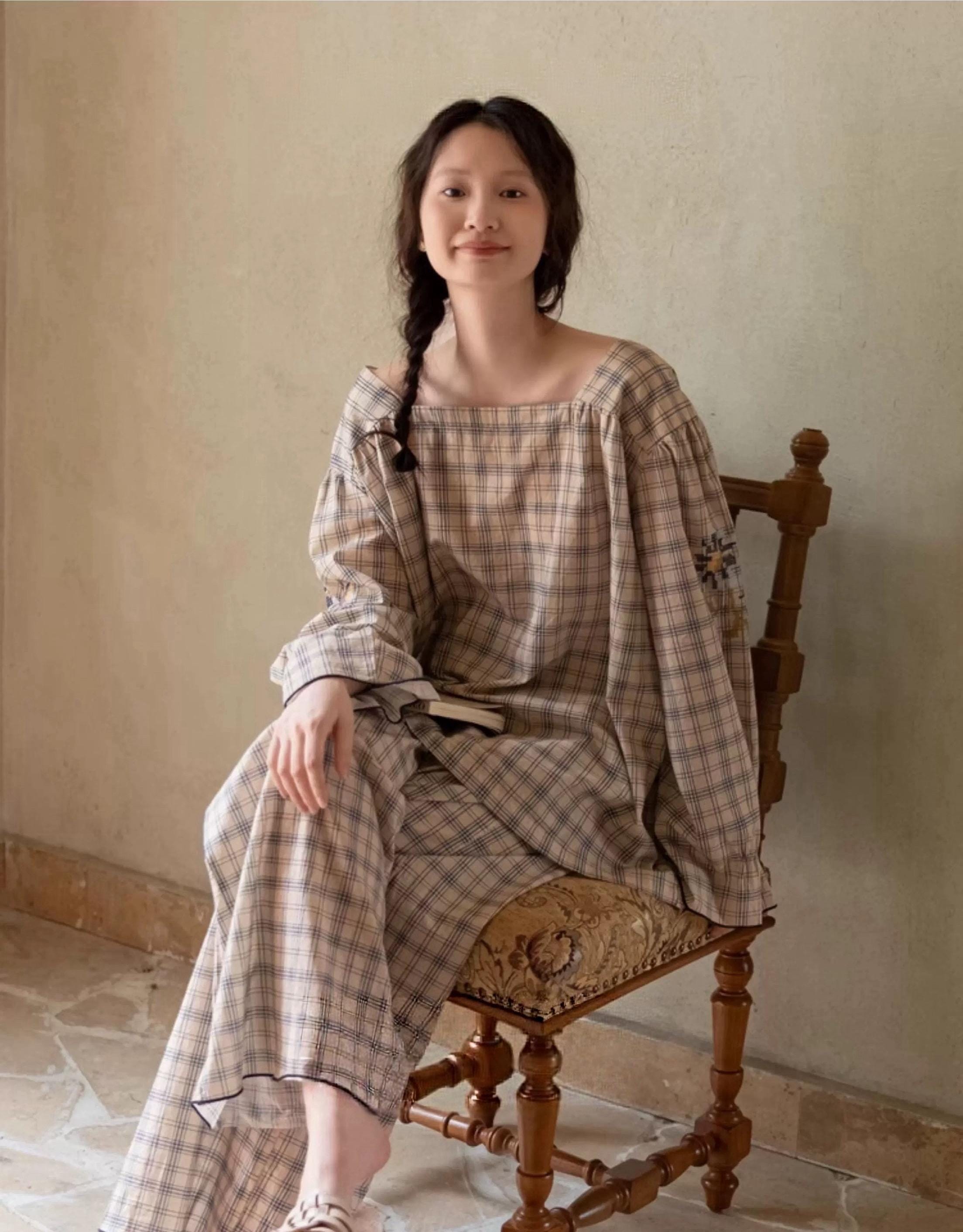 Lian Loungewear bamboo cotton pajama set for women with soft plaid design, comfortable loungewear for relaxing at home.