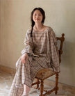 Lian Loungewear bamboo cotton pajama set for women with soft plaid design, comfortable loungewear for relaxing at home.
