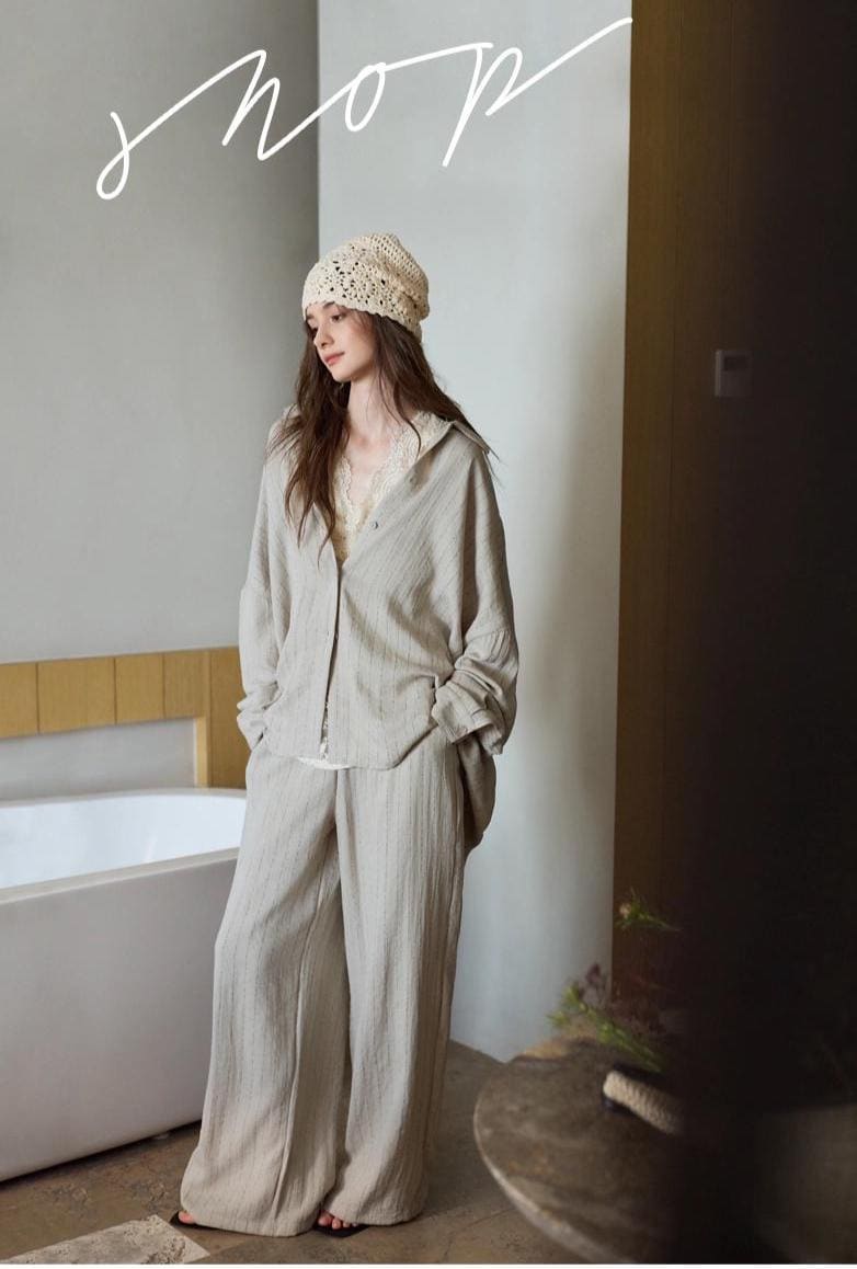 Beige cotton loungewear set for women with button-down pajama top and matching pants by Lian Loungewear