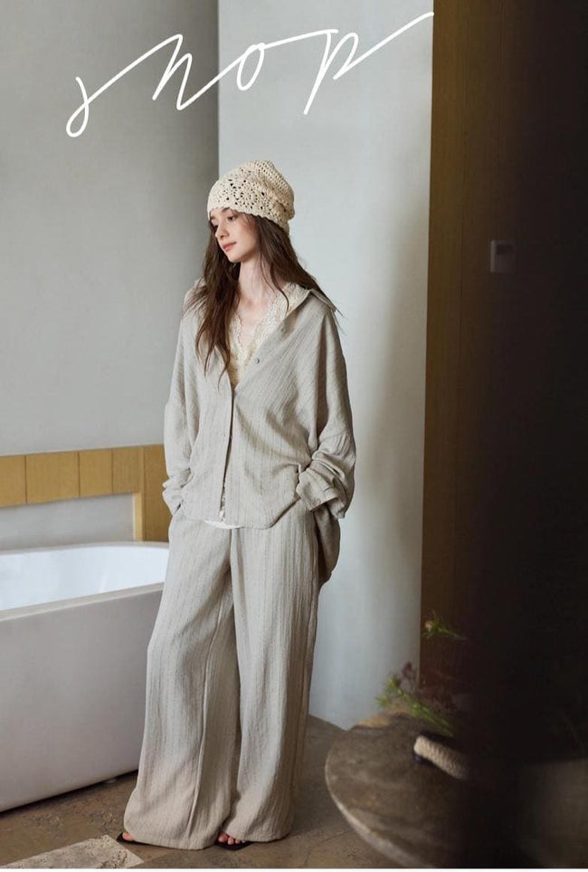 Beige cotton loungewear set for women with button-down pajama top and matching pants by Lian Loungewear