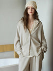 Beige cotton loungewear set for women featuring button-down pajamas from Lian Loungewear, comfortable and stylish sleepwear.