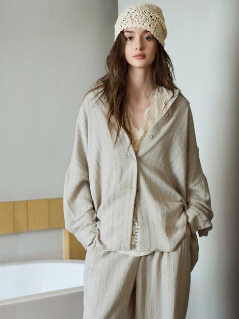 Beige cotton loungewear set for women featuring button-down pajamas from Lian Loungewear, comfortable and stylish sleepwear.