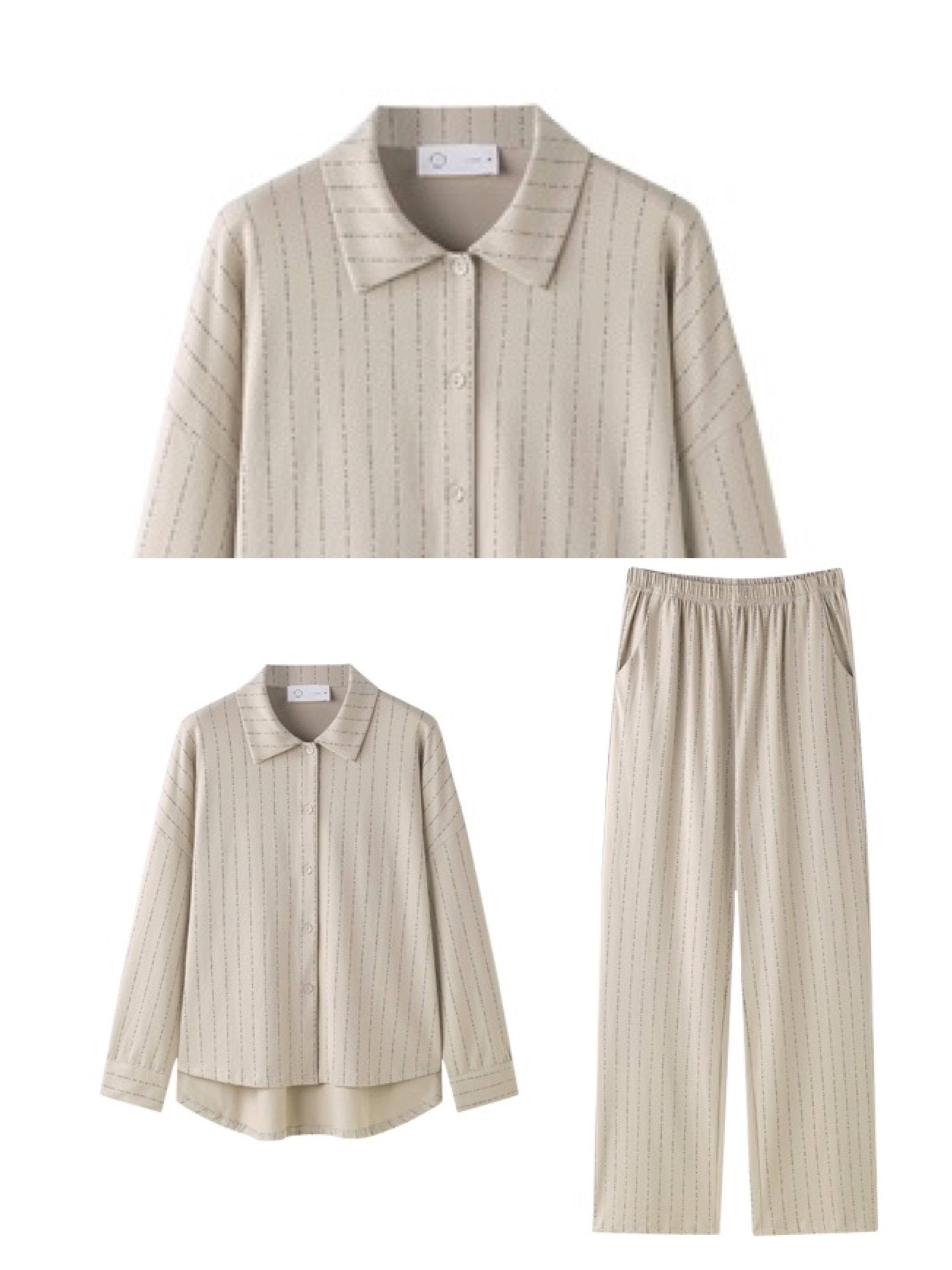 Beige cotton loungewear set for women with button-down pajamas, comfortable and stylish from Lian Loungewear.