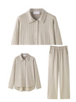 Beige cotton loungewear set for women with button-down pajamas, comfortable and stylish from Lian Loungewear.