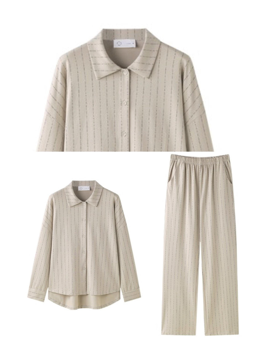 Beige cotton loungewear set for women with button-down pajamas, comfortable and stylish from Lian Loungewear.
