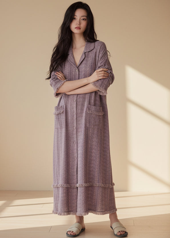 Beige gauze cotton lounge dress by Lian Loungewear featuring a bohemian style, relaxed fit, and flowing design.