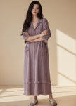Beige gauze cotton lounge dress by Lian Loungewear featuring a bohemian style, relaxed fit, and flowing design.