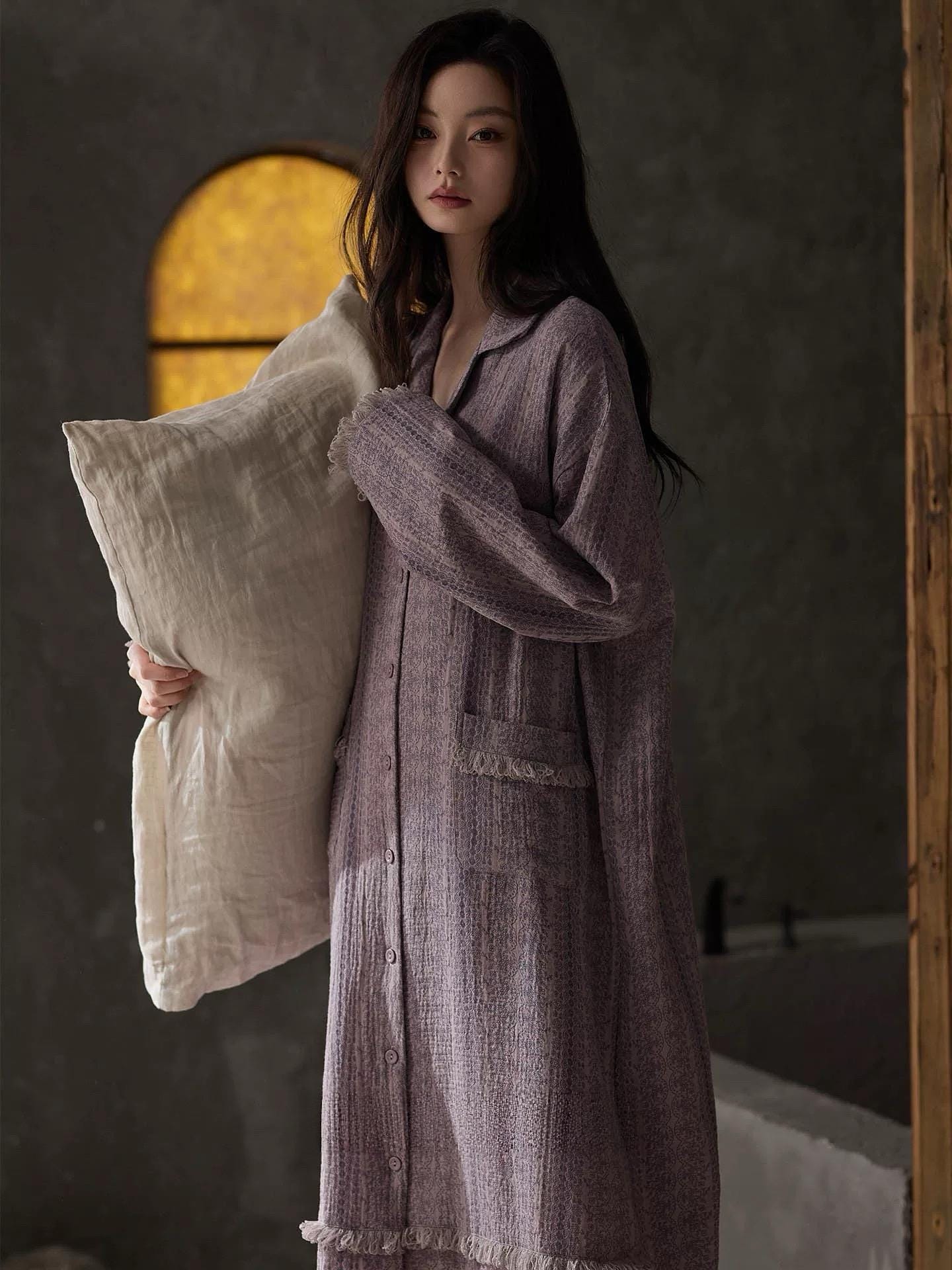 Beige gauze cotton lounge dress by Lian Loungewear in bohemian style, featuring relaxed fit and flowing fabric.