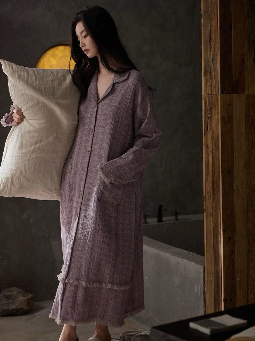 Beige gauze cotton lounge dress by Lian Loungewear in bohemian style, relaxed fit with flowing fabric and casual design.