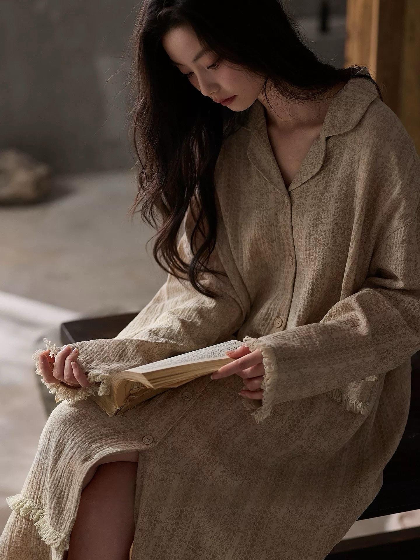 Beige gauze cotton lounge dress by Lian Loungewear with bohemian style, relaxed fit, and flowing fabric perfect for casual wear.