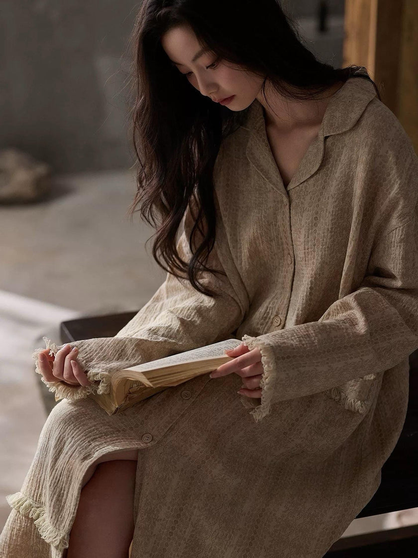 Beige gauze cotton lounge dress by Lian Loungewear with bohemian style, relaxed fit, and flowing fabric perfect for casual wear.