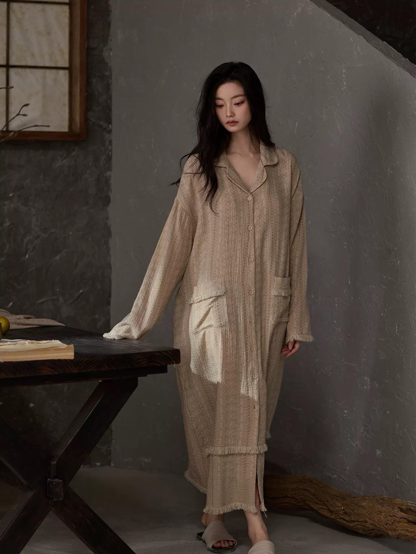 Beige gauze cotton lounge dress by Lian Loungewear in bohemian style, featuring relaxed fit and flowing fabric.