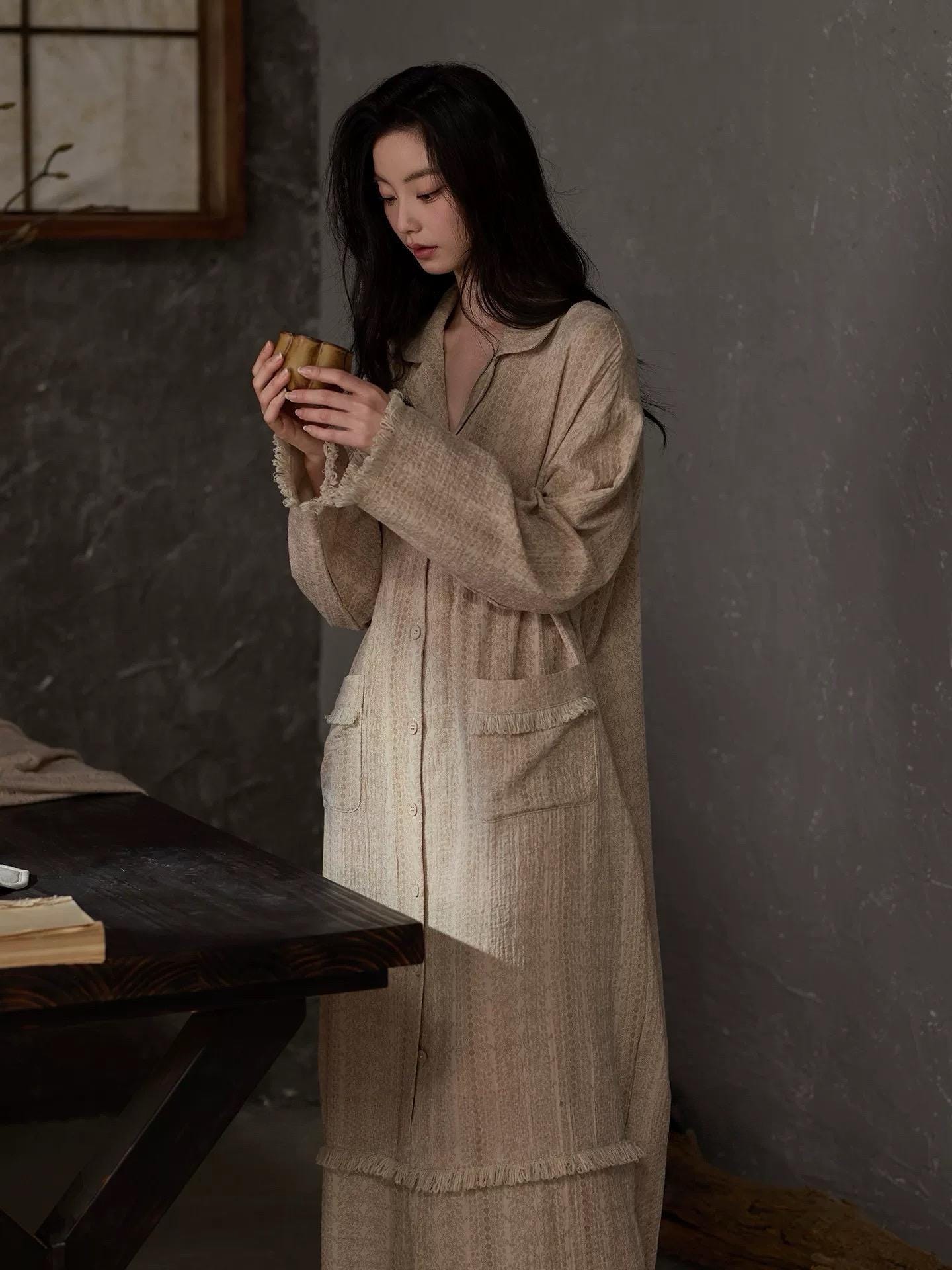 Beige gauze cotton lounge dress by Lian Loungewear featuring bohemian style, relaxed fit, and lightweight fabric for comfortable wear.
