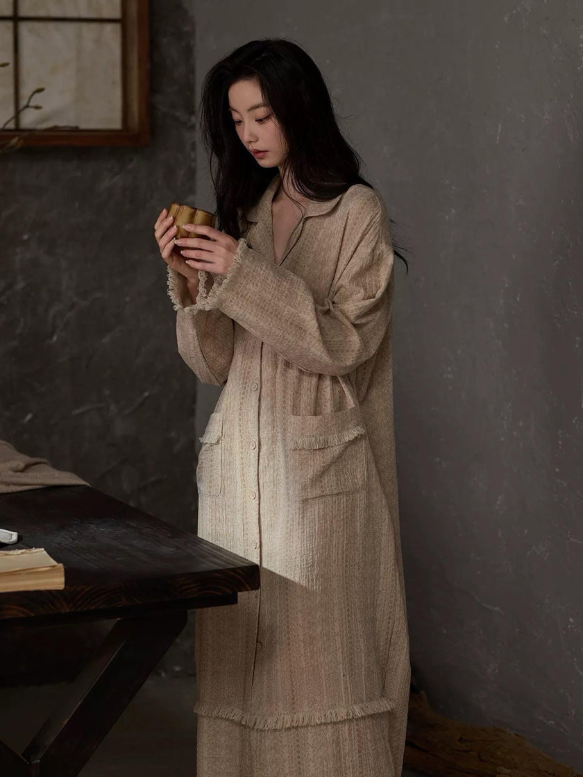 Beige gauze cotton lounge dress by Lian Loungewear featuring bohemian style, relaxed fit, and lightweight fabric for comfortable wear.