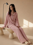 Light blue gauze cotton pajama set for women, Lian Loungewear, comfortable zen meditation outfit with relaxed fit and soft fabric.