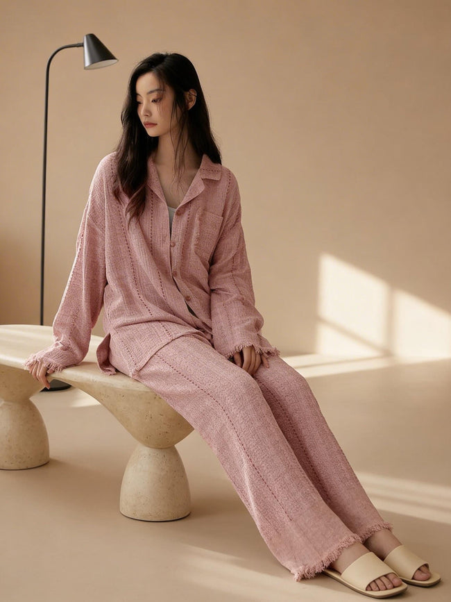 Light blue gauze cotton pajama set for women, Lian Loungewear, comfortable zen meditation outfit with relaxed fit and soft fabric.