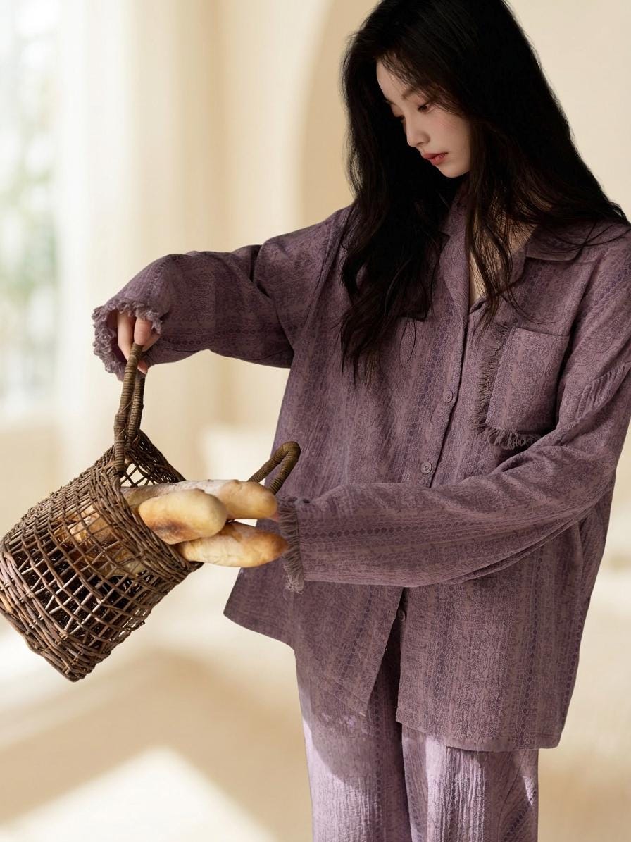 Lian Loungewear women's blue gauze cotton pajamas set, comfortable zen meditation outfit with relaxed fit and soft fabric.