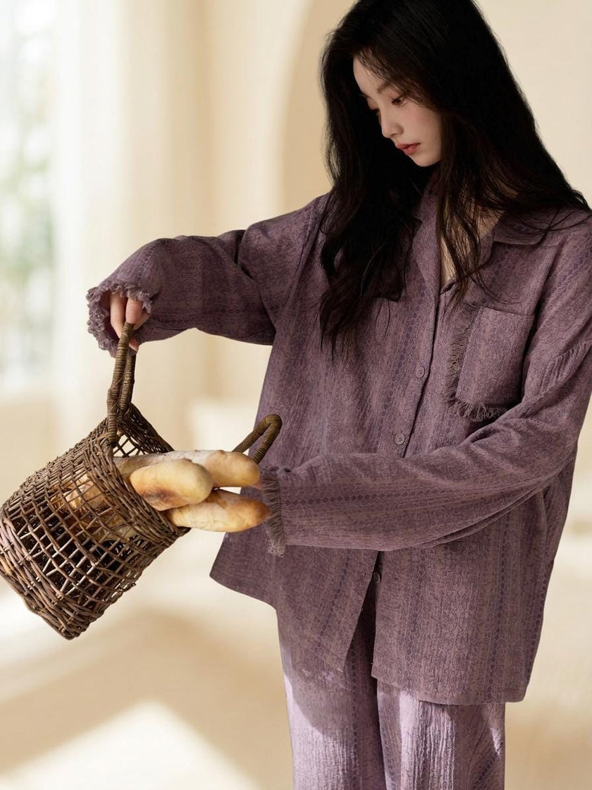 Lian Loungewear women's blue gauze cotton pajamas set, comfortable zen meditation outfit with relaxed fit and soft fabric.